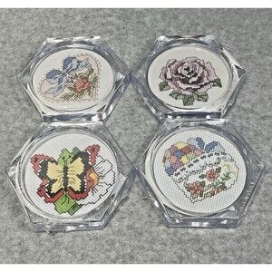 Vtg Acrylic Coasters MCG Textiles Cross Stitch Kit Butterfly Heart Rose Lot Of 4